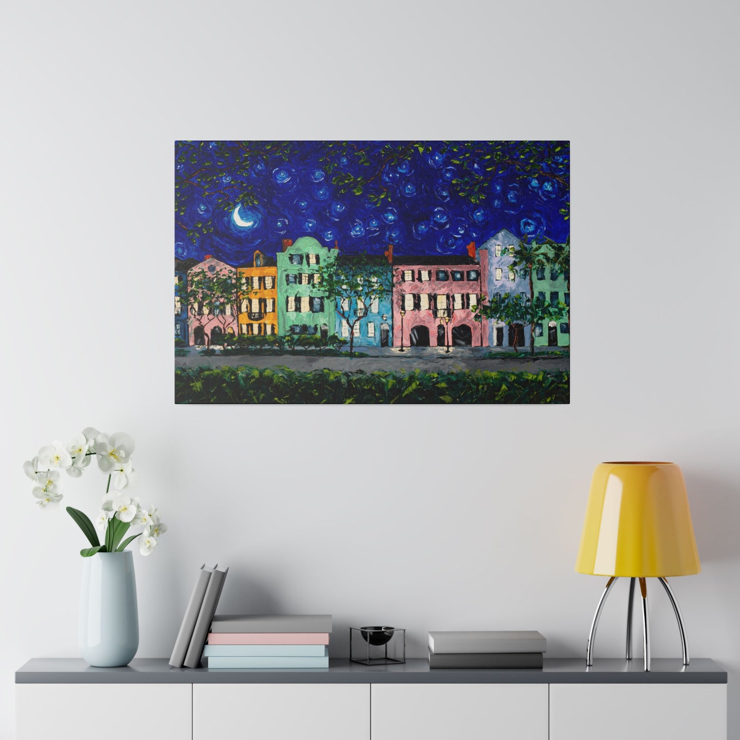 Rainbow Row at Night - Print on Canvas