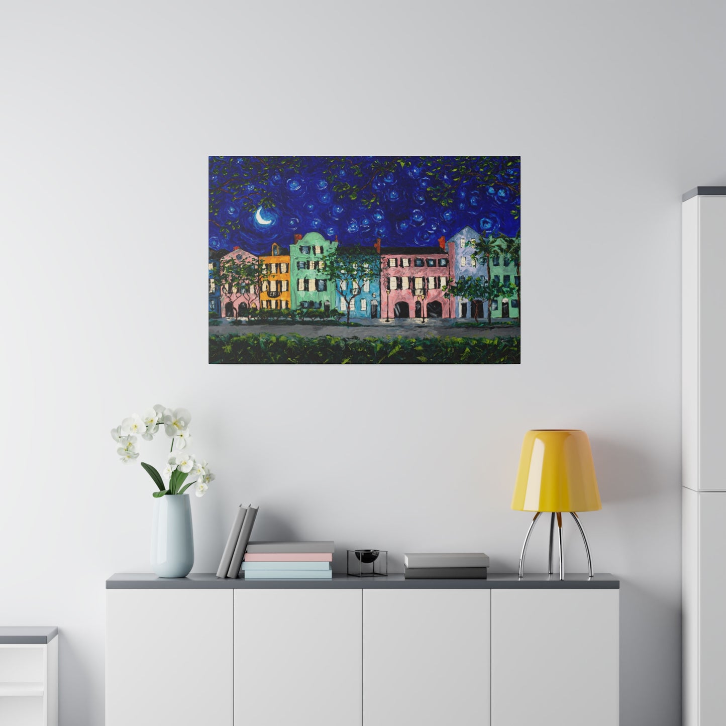 Rainbow Row at Night - Print on Canvas