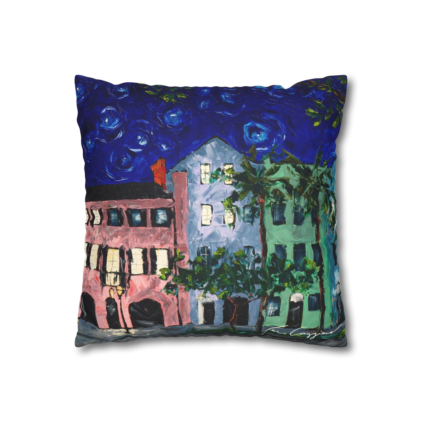 Rainbow Row at Night Faux Suede Square Pillow Case