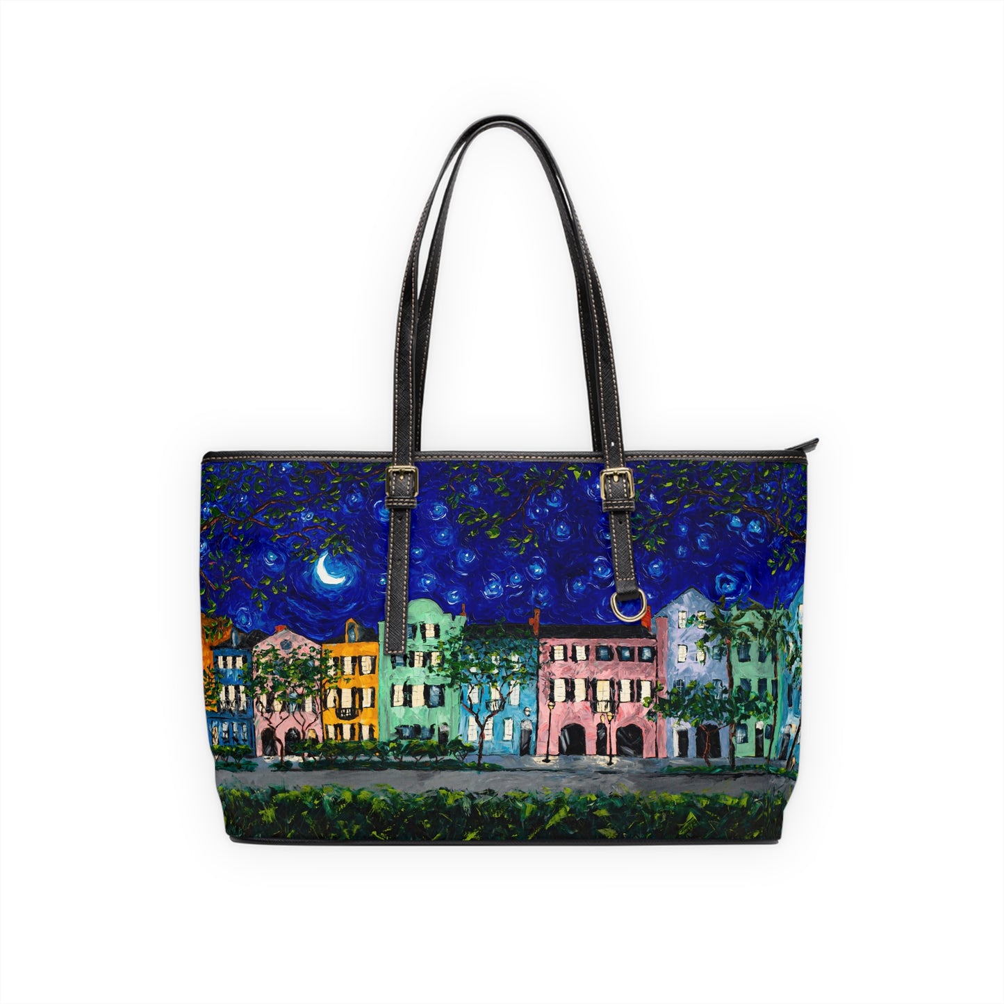 Rainbow Row at Night - PU Leather Shoulder Bag