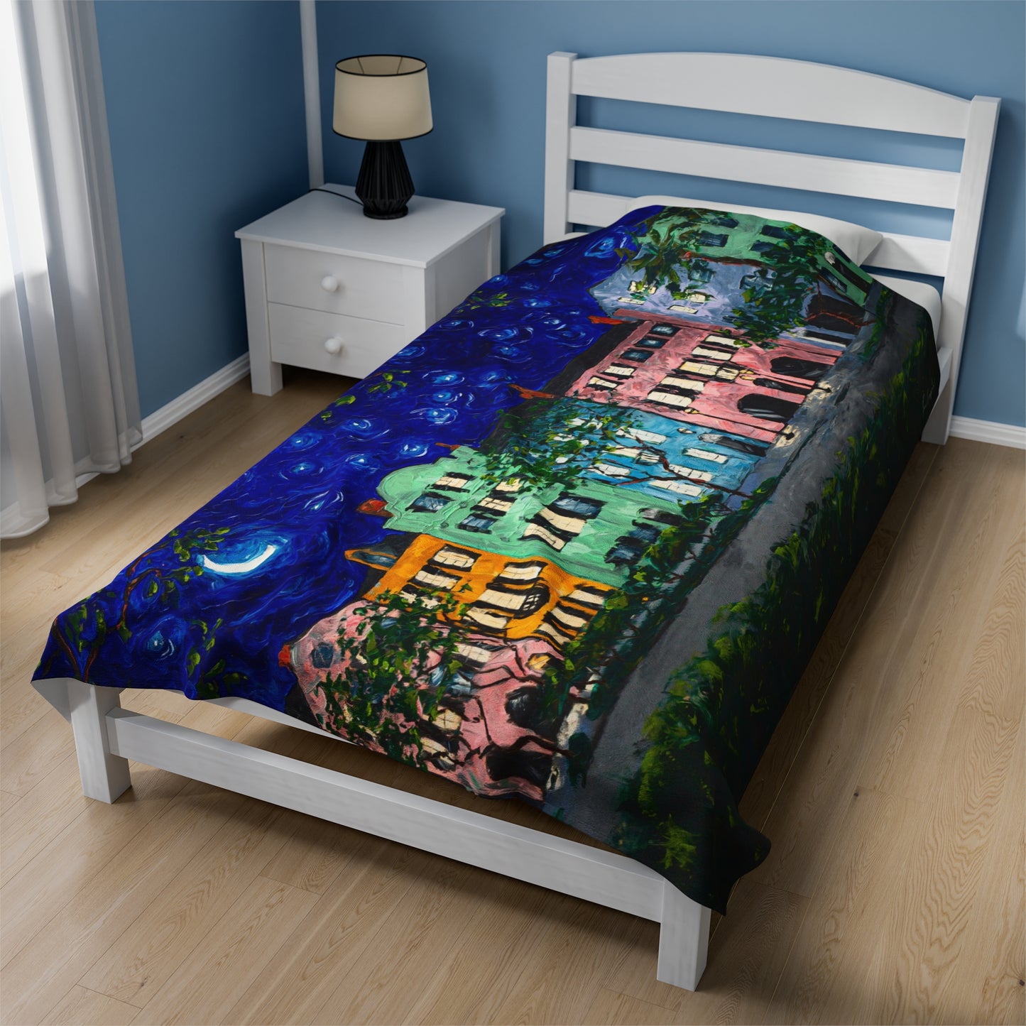 Rainbow Row at Night Velveteen Plush Blanket