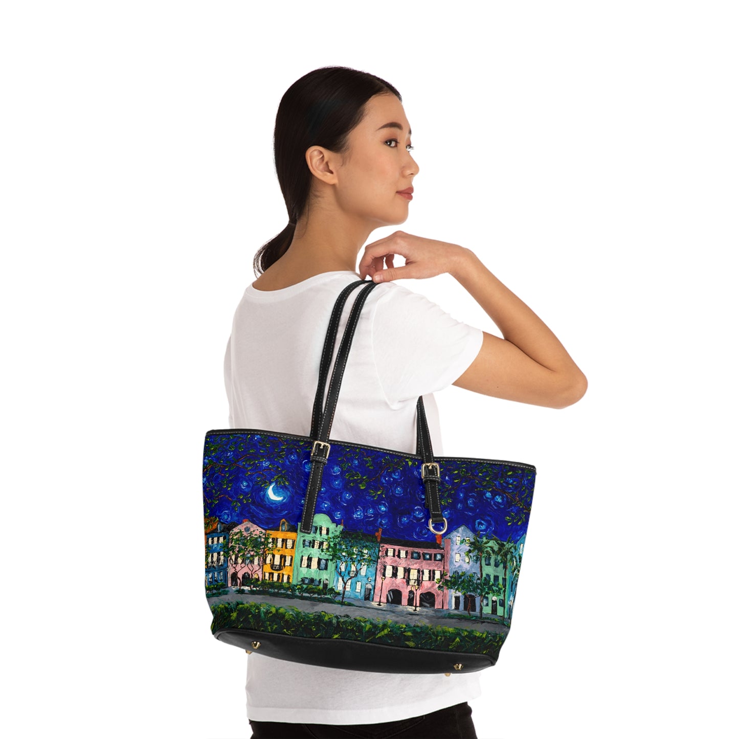 Rainbow Row at Night - PU Leather Shoulder Bag