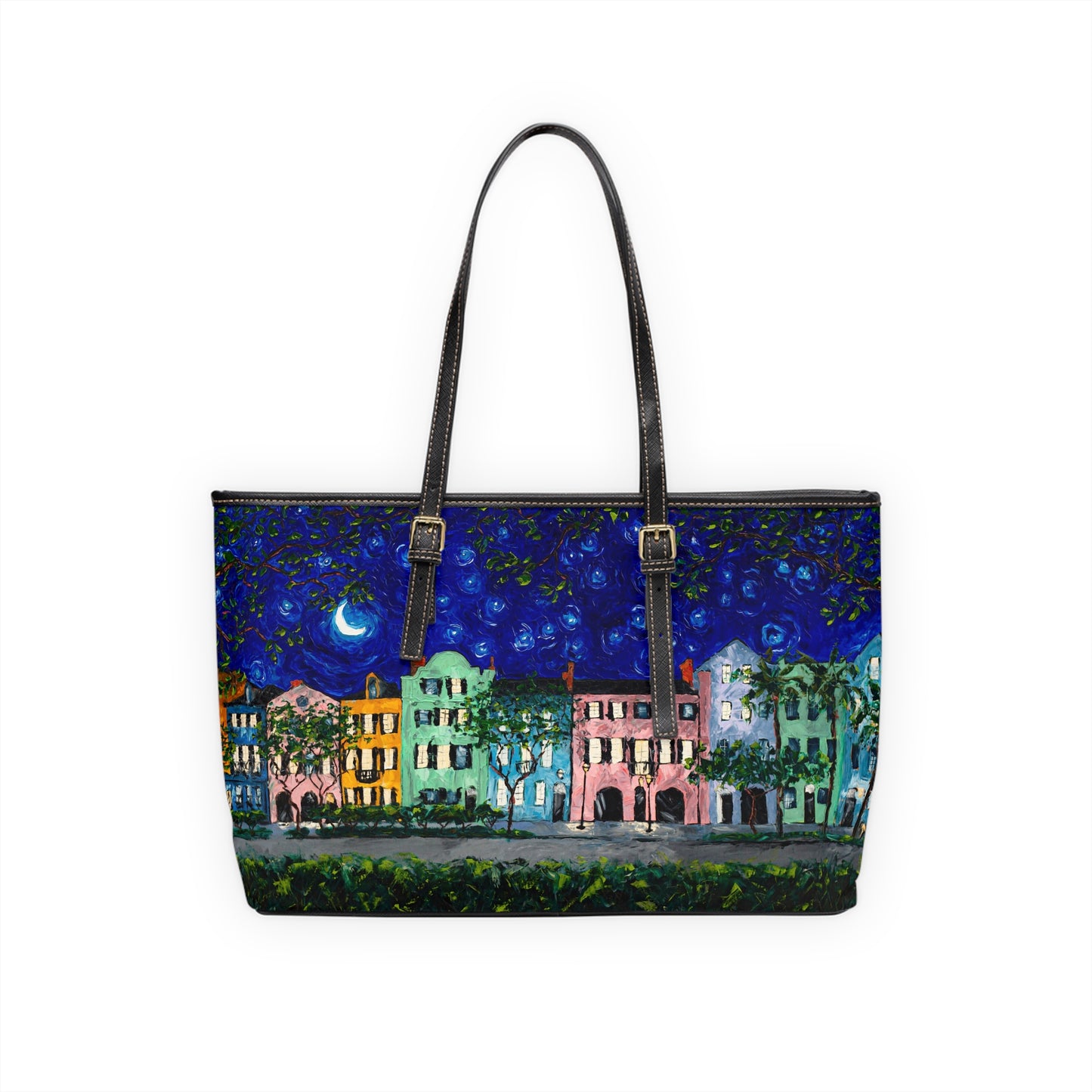 Rainbow Row at Night - PU Leather Shoulder Bag