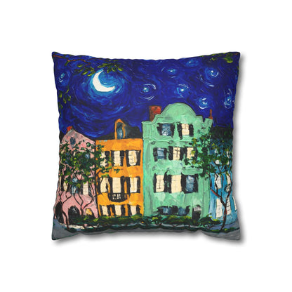 Rainbow Row at Night Faux Suede Square Pillow Case