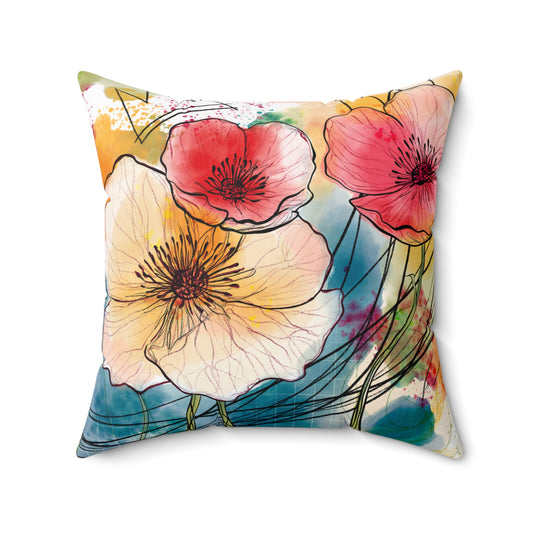 Poppies Song Faux Suede Square Pillow