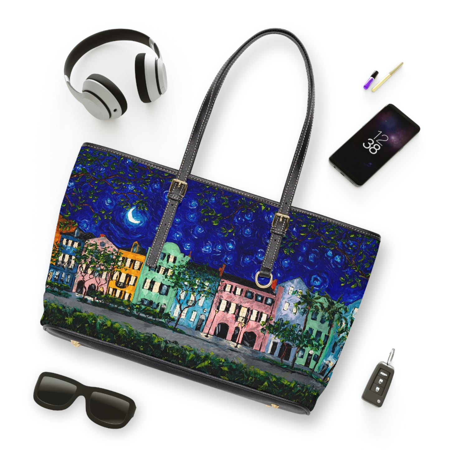 Rainbow Row at Night - PU Leather Shoulder Bag