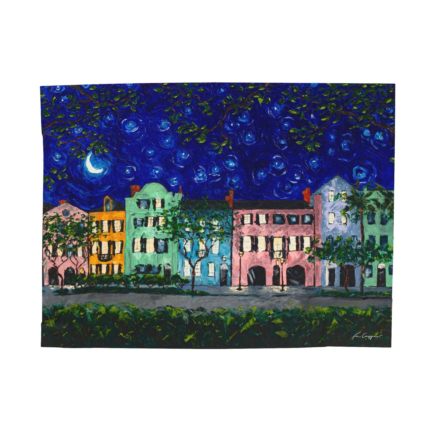 Rainbow Row at Night Velveteen Plush Blanket