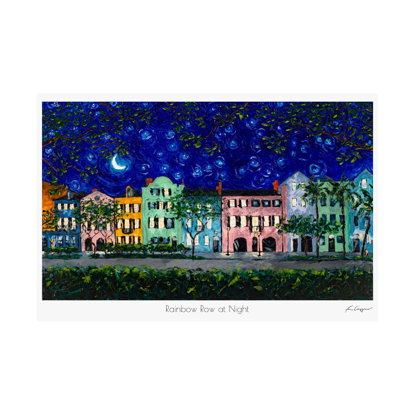 Rainbow Row at Night - Print on Paper